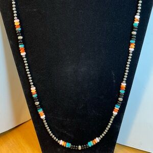 24 Inch Sterling Silver Navajo Pearl Multi Stone Necklace